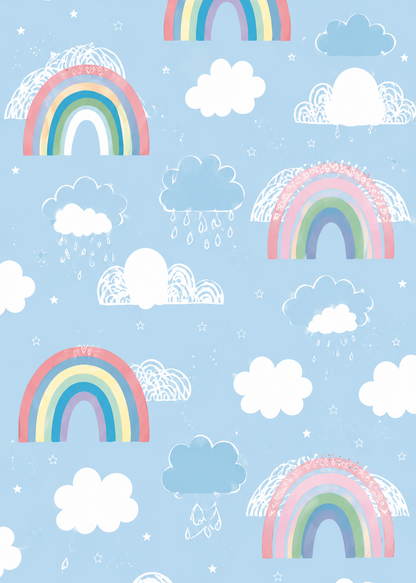 Pattern of rainbows and clouds on a blue background