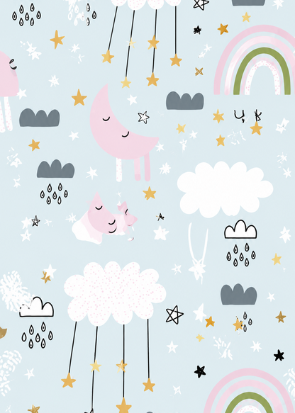 Children's pattern with pink unicorns, clouds, and rainbows on a light blue background.