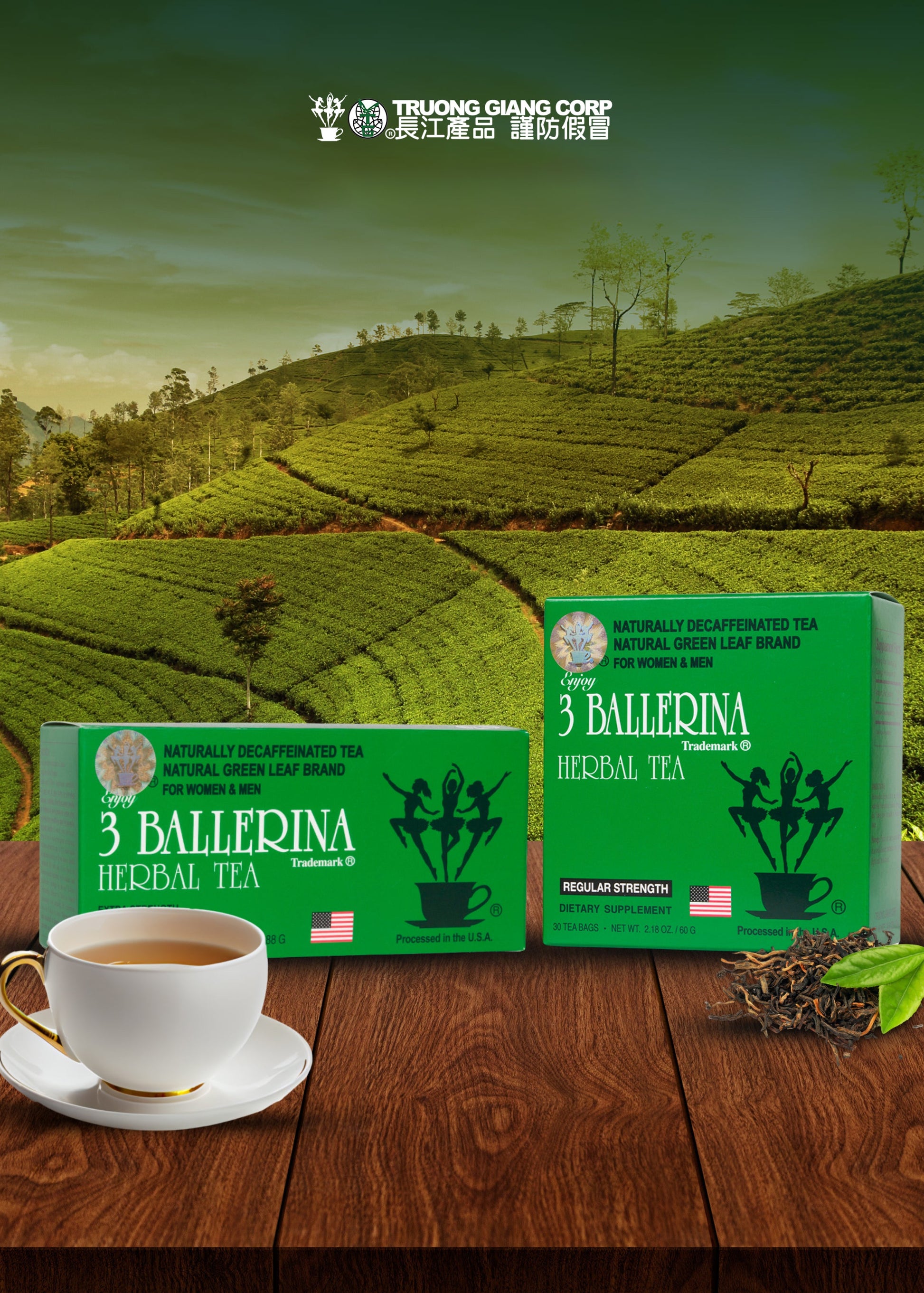 Two boxes of 3 Ballerina Herbal Tea by Trungiang Corp are displayed on a wooden table with a cup of tea and loose leaves, set against a background of green tea plantations.