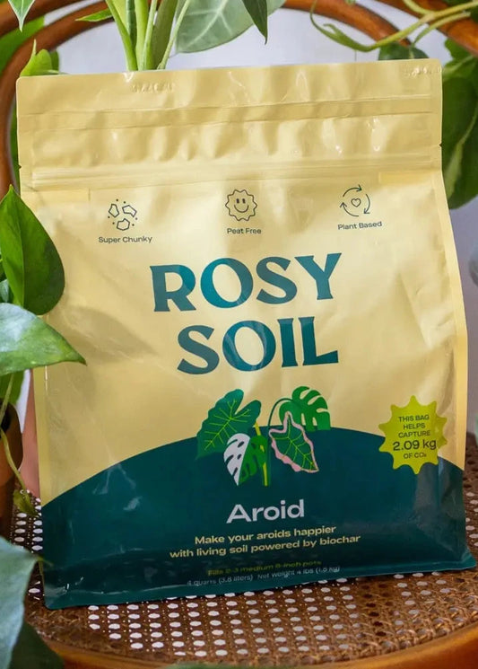 Rosy Soil package for aroid plants on a wooden surface with plants in the background
