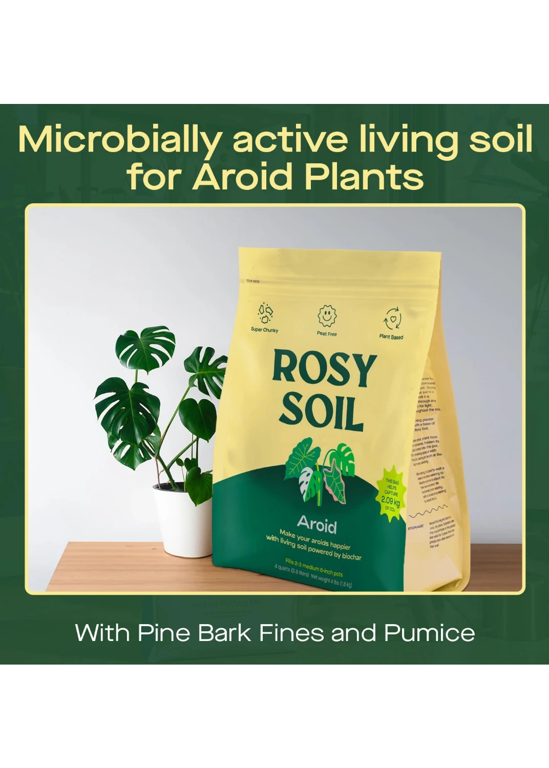 Rosy Soil package for aroid plants with a plant in the background