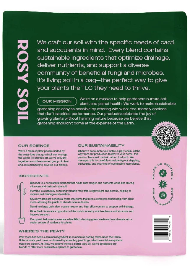 Back of a Rosy Soil packaging with text and branding on a white background