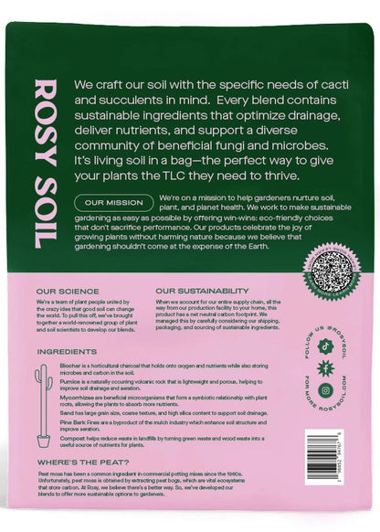 Back of a Rosy Soil packaging with text and branding on a white background