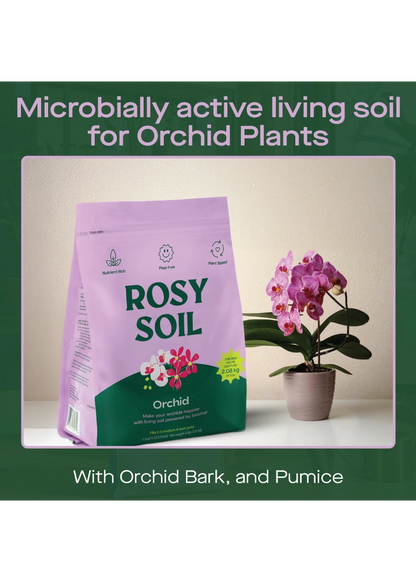 Rosy Soil packaging for orchid plants with a potted orchid on a neutral background