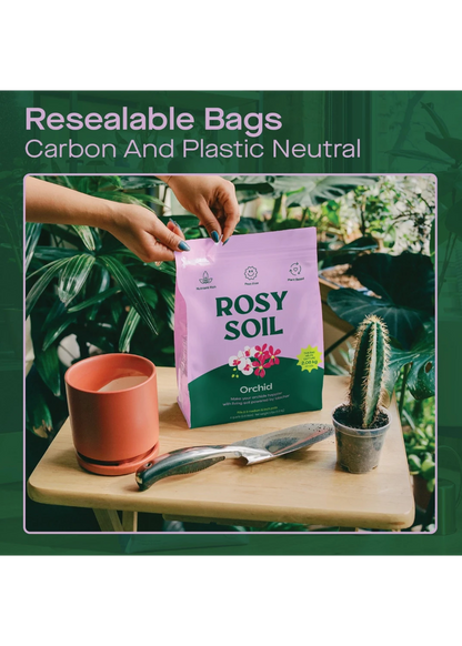 Rosy Soil packaging with a hand holding it, placed on a table with a cactus and cup in a garden setting.