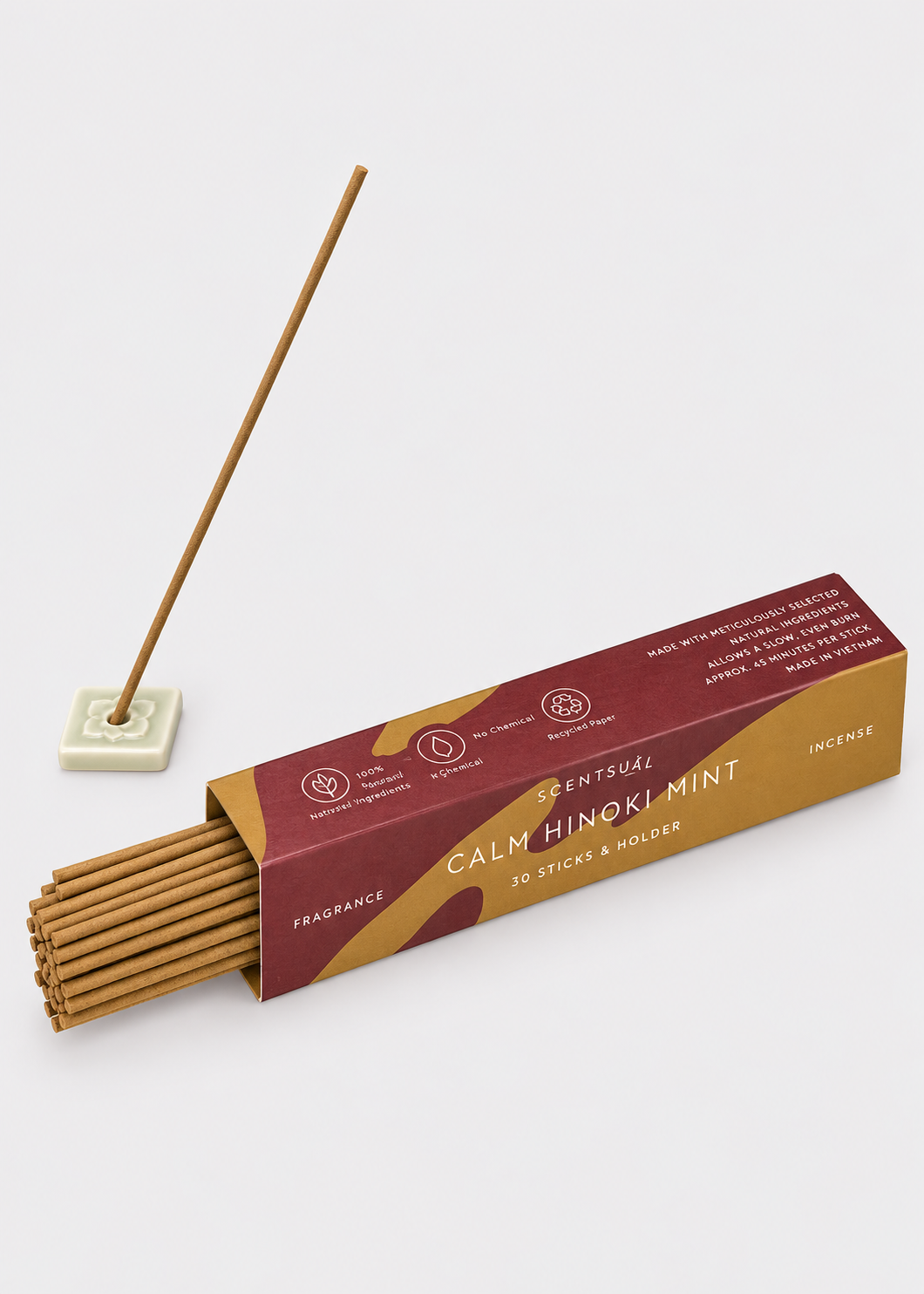 SCENTSUAL Calm Hinoki Mint Incense Sticks & Holder - 30 Sticks
