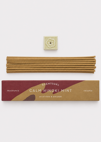 SCENTSUAL Calm Hinoki Mint Incense Sticks & Holder - 30 Sticks