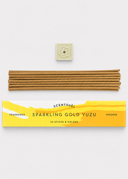 SCENTSUAL Sparkling Gold Yuzu Incense Sticks & Holder - 30 Sticks