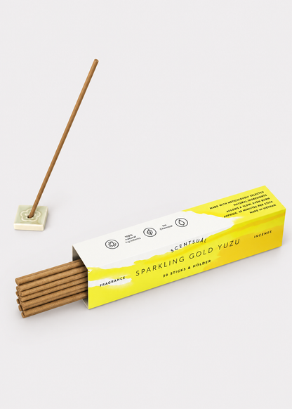 SCENTSUAL Sparkling Gold Yuzu Incense Sticks & Holder - 30 Sticks