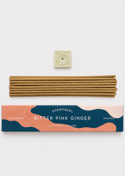 SCENTSUAL Bitter Pink Ginger Incense Sticks & Holder - 30 Sticks