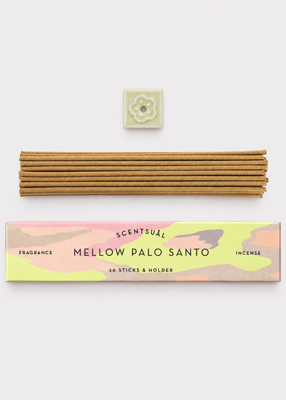 SCENTSUAL Mellow Palo Santo Incense Sticks & Holder - 30 Sticks