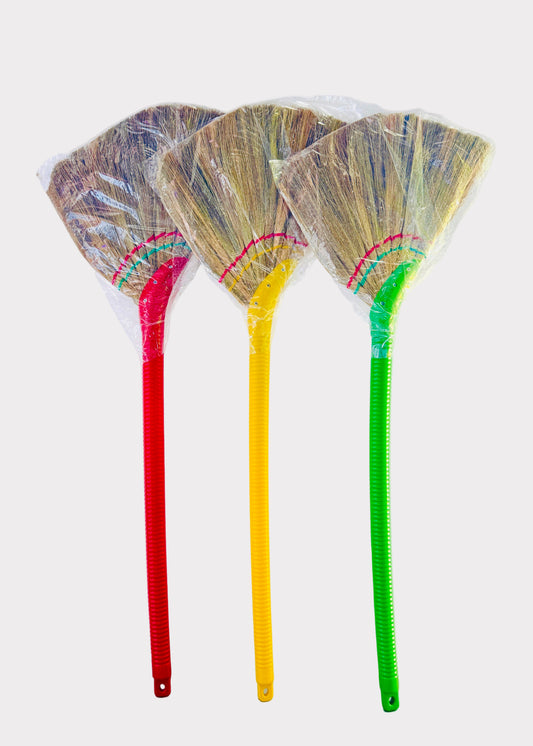 Vietnamese Asian Soft Straw Broom - Colorful Plastic Handle - Gentle Cleaning (1 Random Color)