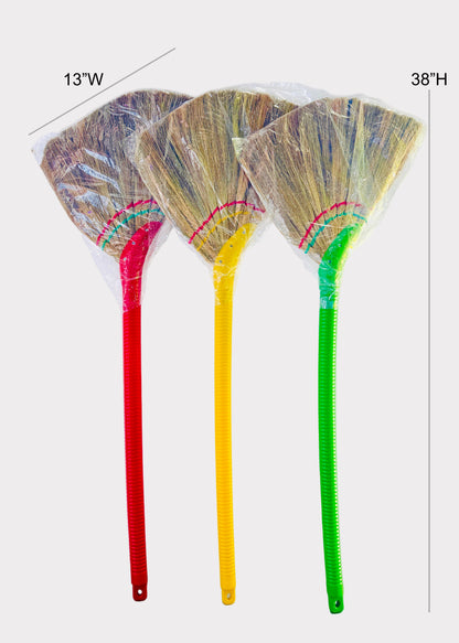 Vietnamese Asian Soft Straw Broom - Colorful Plastic Handle - Gentle Cleaning (1 Random Color)