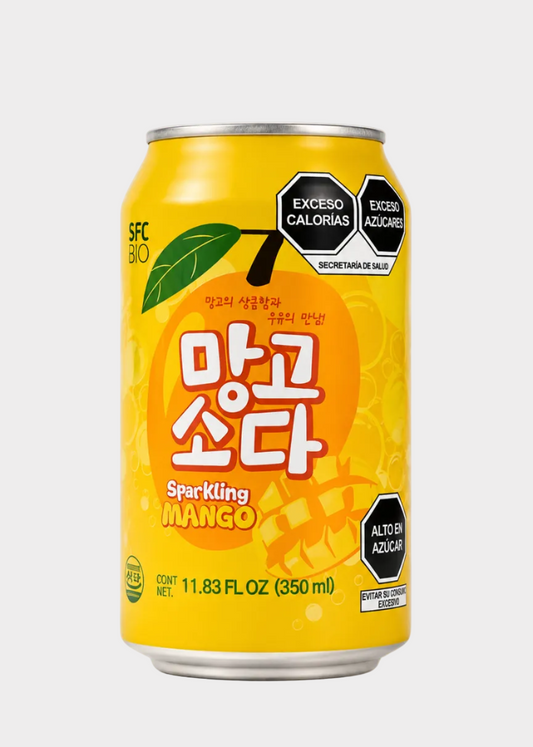A 350 ml can of SPF Bio Sparkling Mango soda, featuring a bright yellow label with a large orange mango graphic, Korean text, and black warning labels on a light gray background.