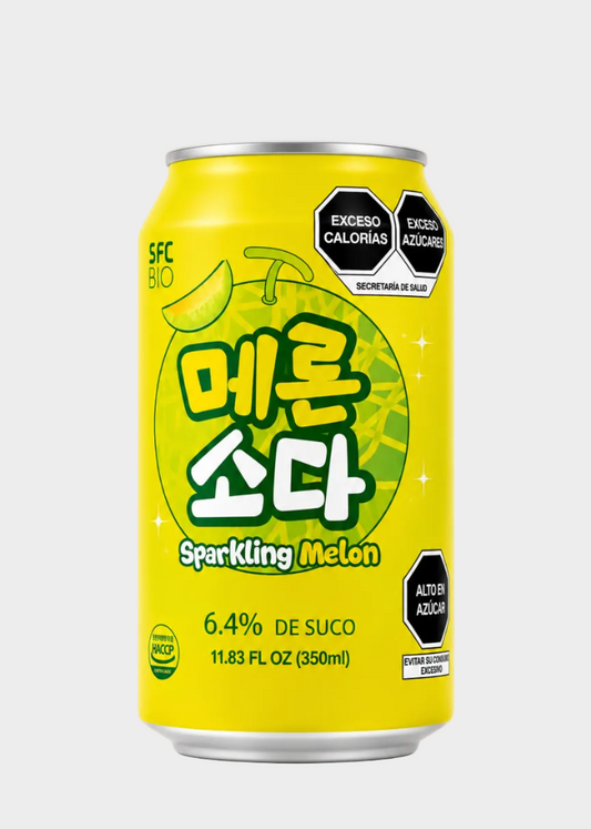 A 350ml aluminum can of Sparkling Melon soda by SFC Bio, featuring a bright yellow label with green and white Korean text and a melon illustration, set against a light gray background.