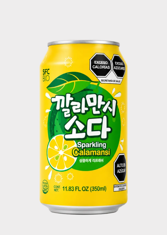 A yellow can of SFC Bio Sparkling Calamansi soda on a light gray background. The can features a green citrus graphic with white Korean text and English text reading 'Sparkling Calamansi'.