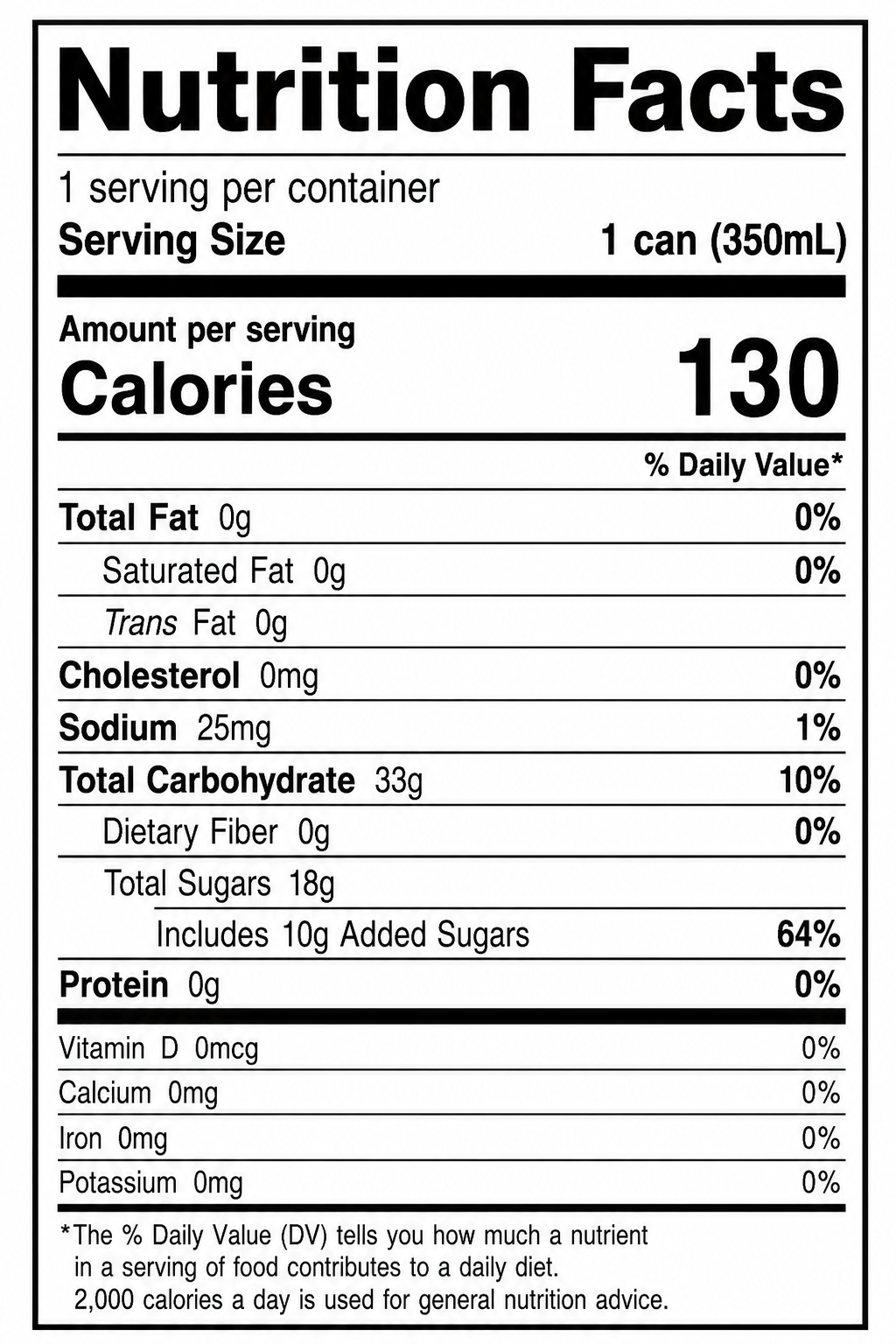 A Nutrition Facts label for a canned beverage or food product, showing serving size 1 can (350 mL) and a calorie count of 130, with nutrient rows and a black background.