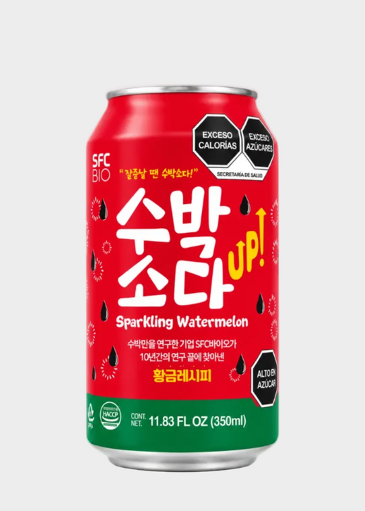 A 11.83 fl oz can of SFC Bio Sparkling Watermelon soda, featuring a bright red can with a green base, white and yellow Korean text, and small watermelon graphic details, set against a plain light gray background.