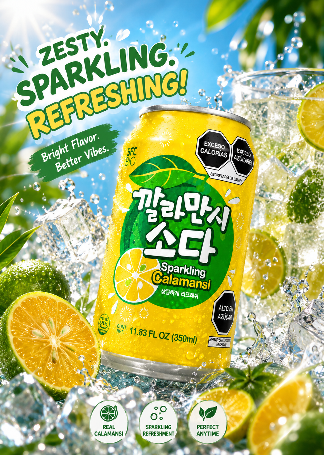 A can of sparkling calamansi soda is shown floating in a dynamic splash scene with sliced lemons, limes, water droplets, and bright blue sky. The can is yellow with a large green label featuring Korean text and the English product name 'Sparkling Calamansi'.