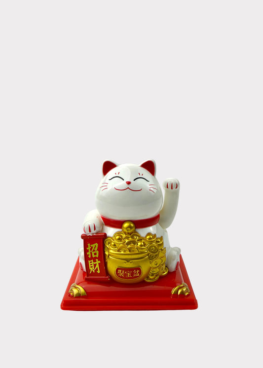 Solar Powered White Money Cat with one arm moving and other holding a lucky banner. 