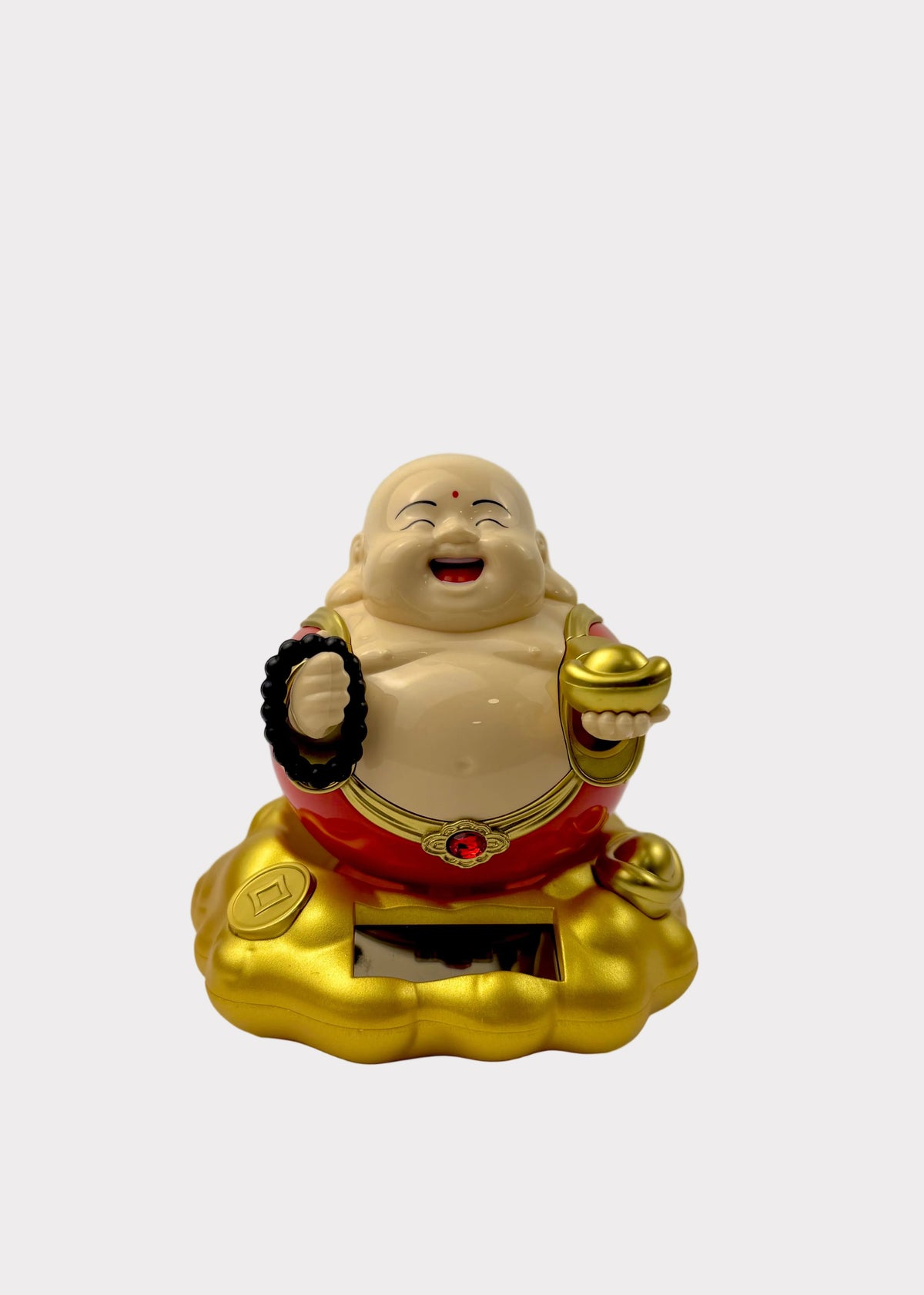 A smiling Buddha figurine sitting on a golden lotus base, holding a black prayer rope in one hand and a gold ingot in the other, with a small solar panel integrated into the gold base.