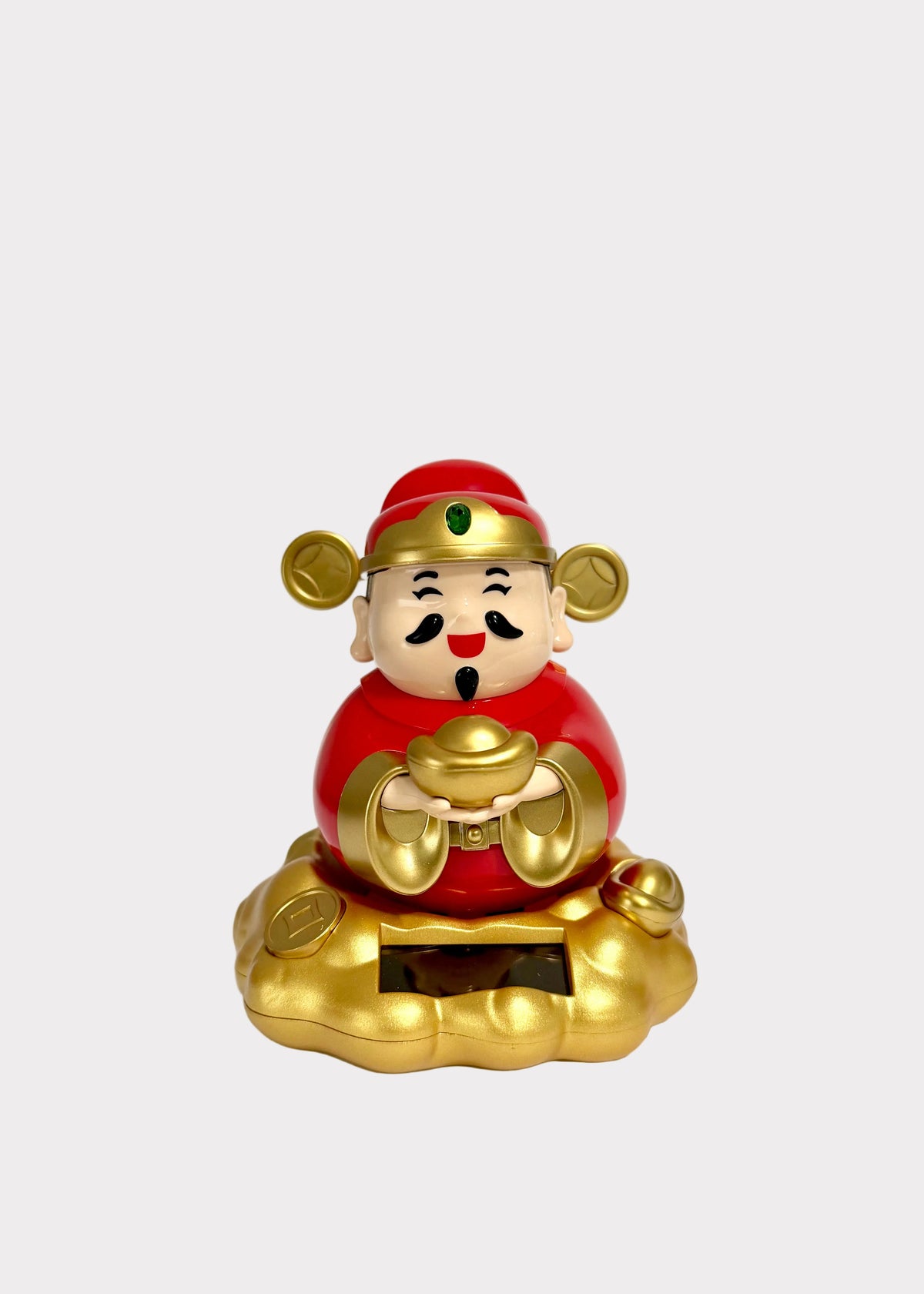 Solar powered rocking Chinese God of Wealth Cai Shen figurine in red and gold holding a gold ingot while sitting on a golden cloud base.