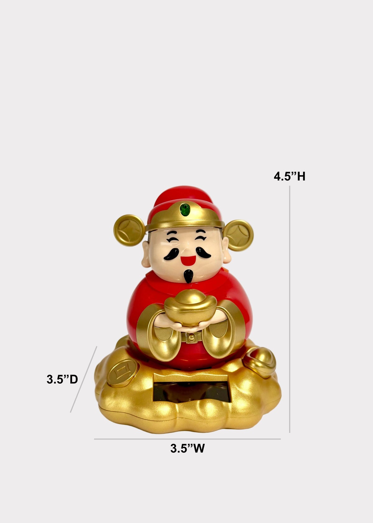 Solar powered rocking Chinese God of Wealth Cai Shen figurine in red and gold holding a gold ingot while sitting on a golden cloud base.