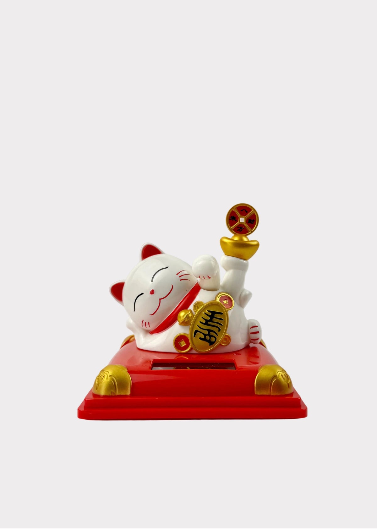 Solar Powered Lounging Lucky Money Cat - Waving Arm Fortune Cat with Gold Ingot & Coin