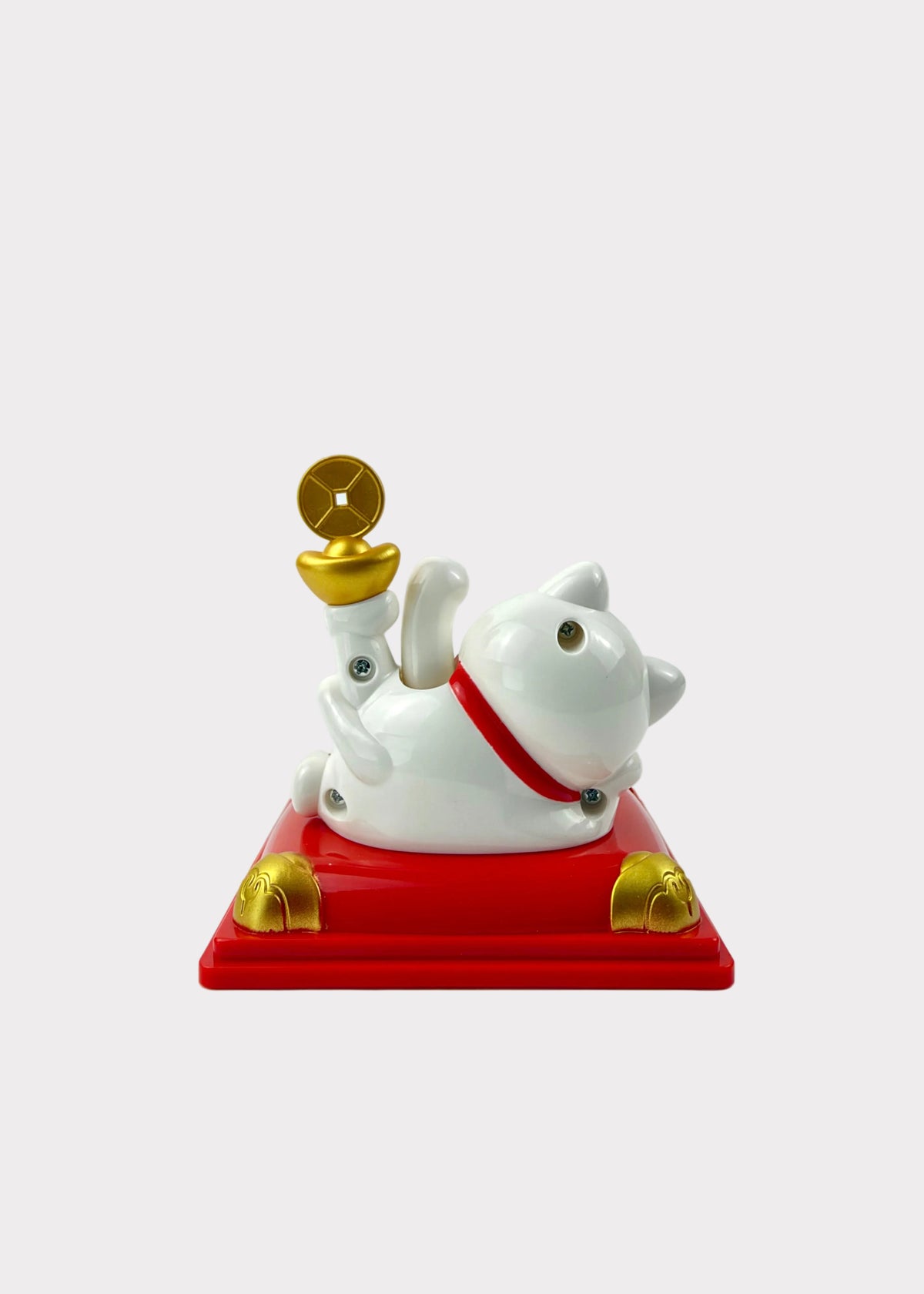 Solar Powered Lounging Lucky Money Cat - Waving Arm Fortune Cat with Gold Ingot & Coin