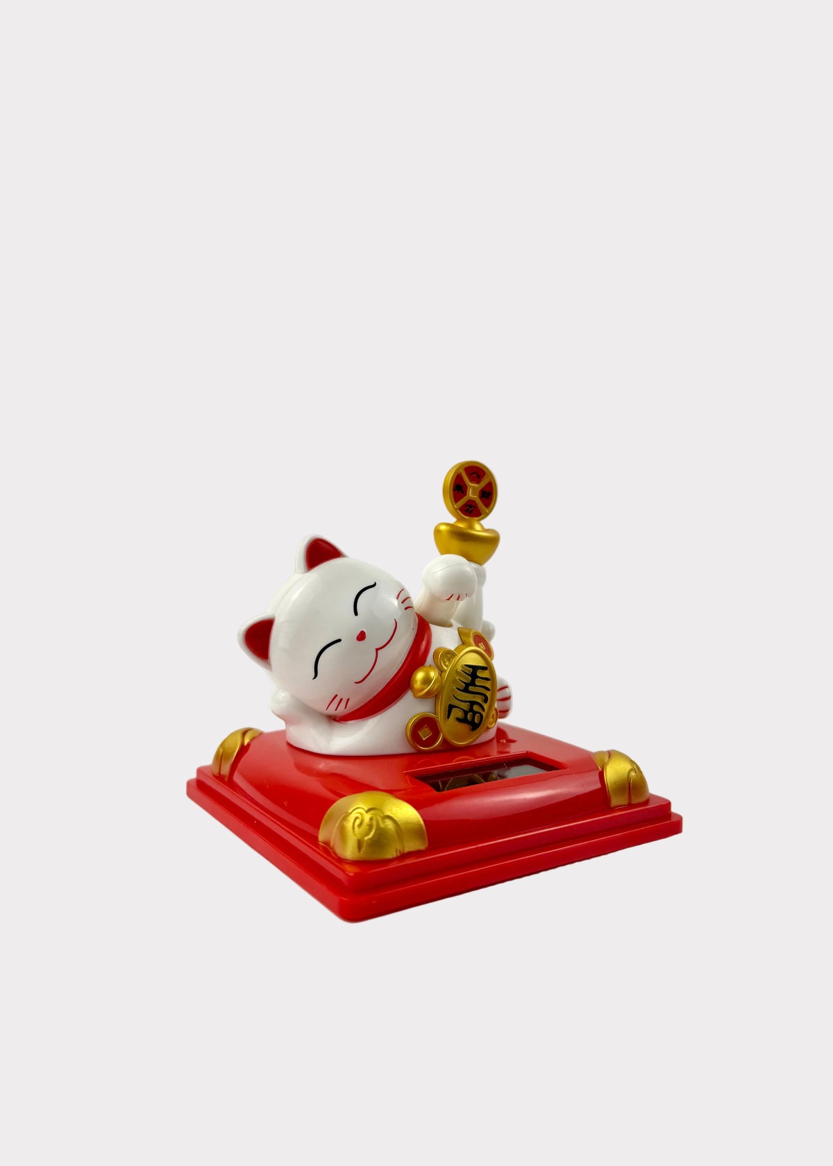 Solar Powered Lounging Lucky Money Cat - Waving Arm Fortune Cat with Gold Ingot & Coin