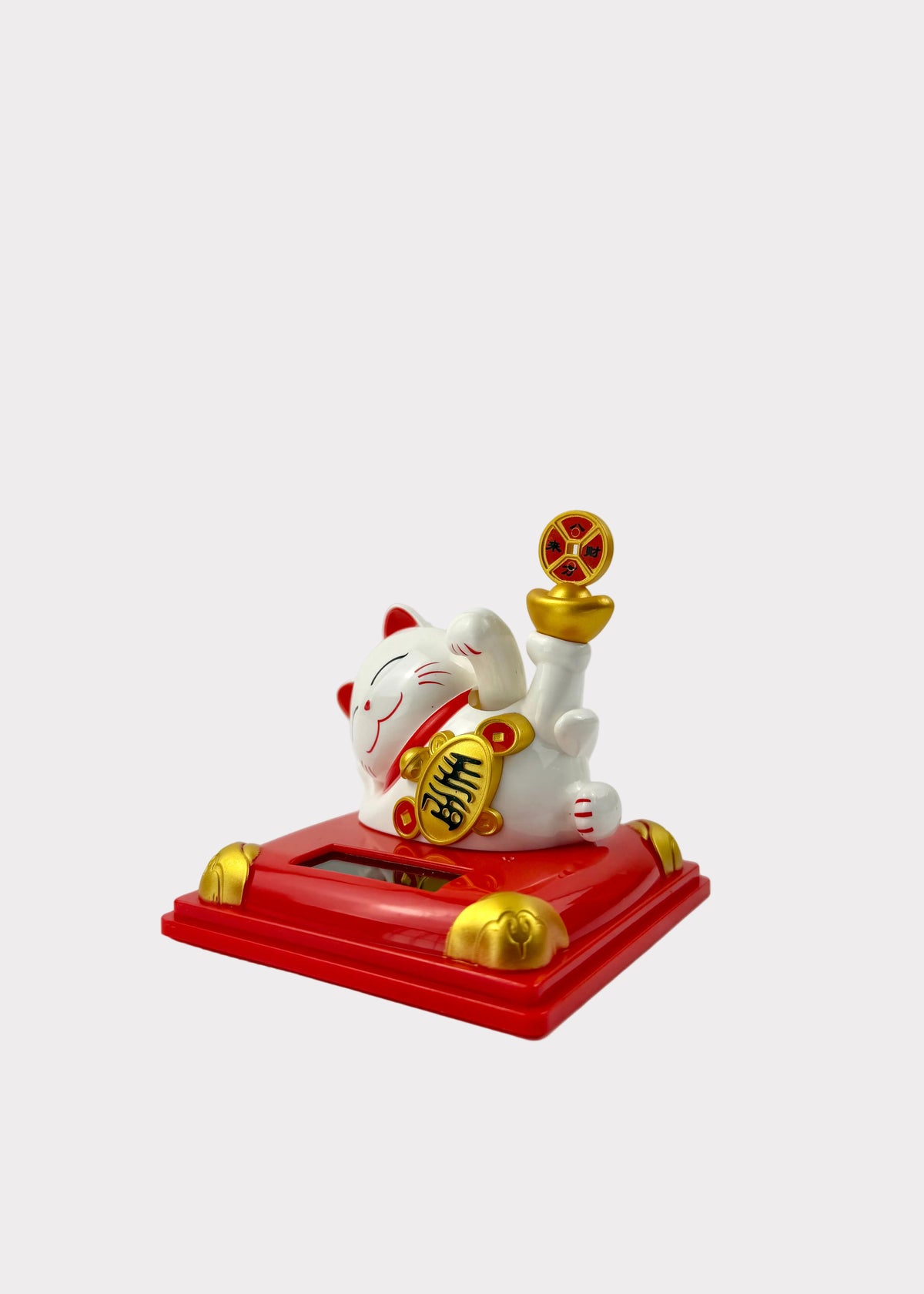 Solar Powered Lounging Lucky Money Cat - Waving Arm Fortune Cat with Gold Ingot & Coin