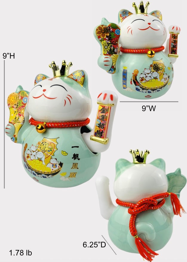 Money Cat – Porcelain Lucky Cat with Crown – Battery Powered