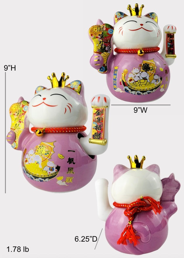 Money Cat – Porcelain Lucky Cat with Crown – Battery Powered