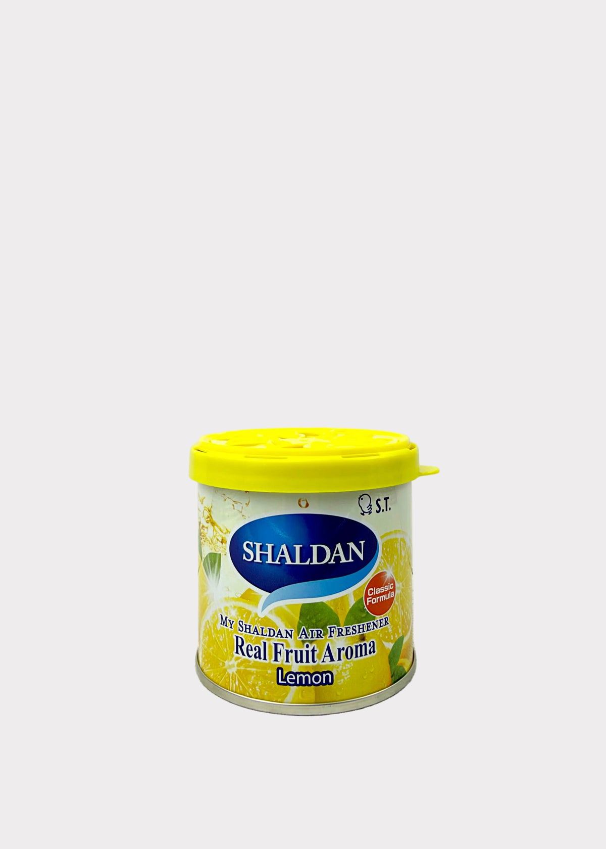 A canister of Shaldan Lemon Natural and Freshly Squeezed Real Fruit Aroma candle wax, featuring a bright yellow lid and a white label with lemon illustrations.