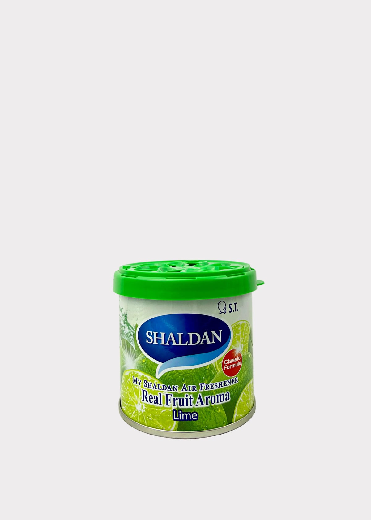 A canister of Shaldan Lime Real Fruit Aroma diffuser with a green lid, set against a plain light gray background.