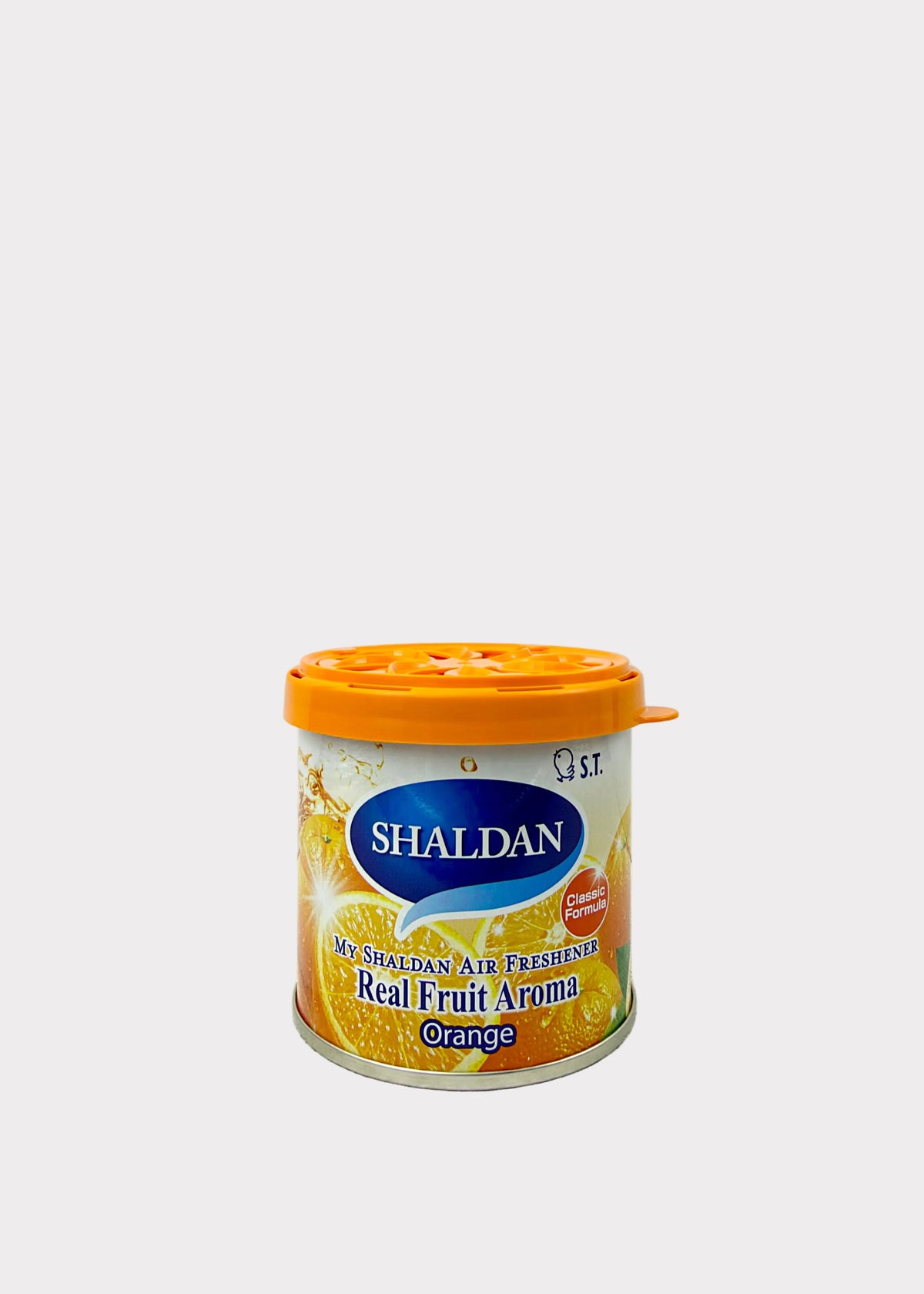 A canister of Shaldan Orange Air Freshener with a bright orange lid, set against a plain light gray background.