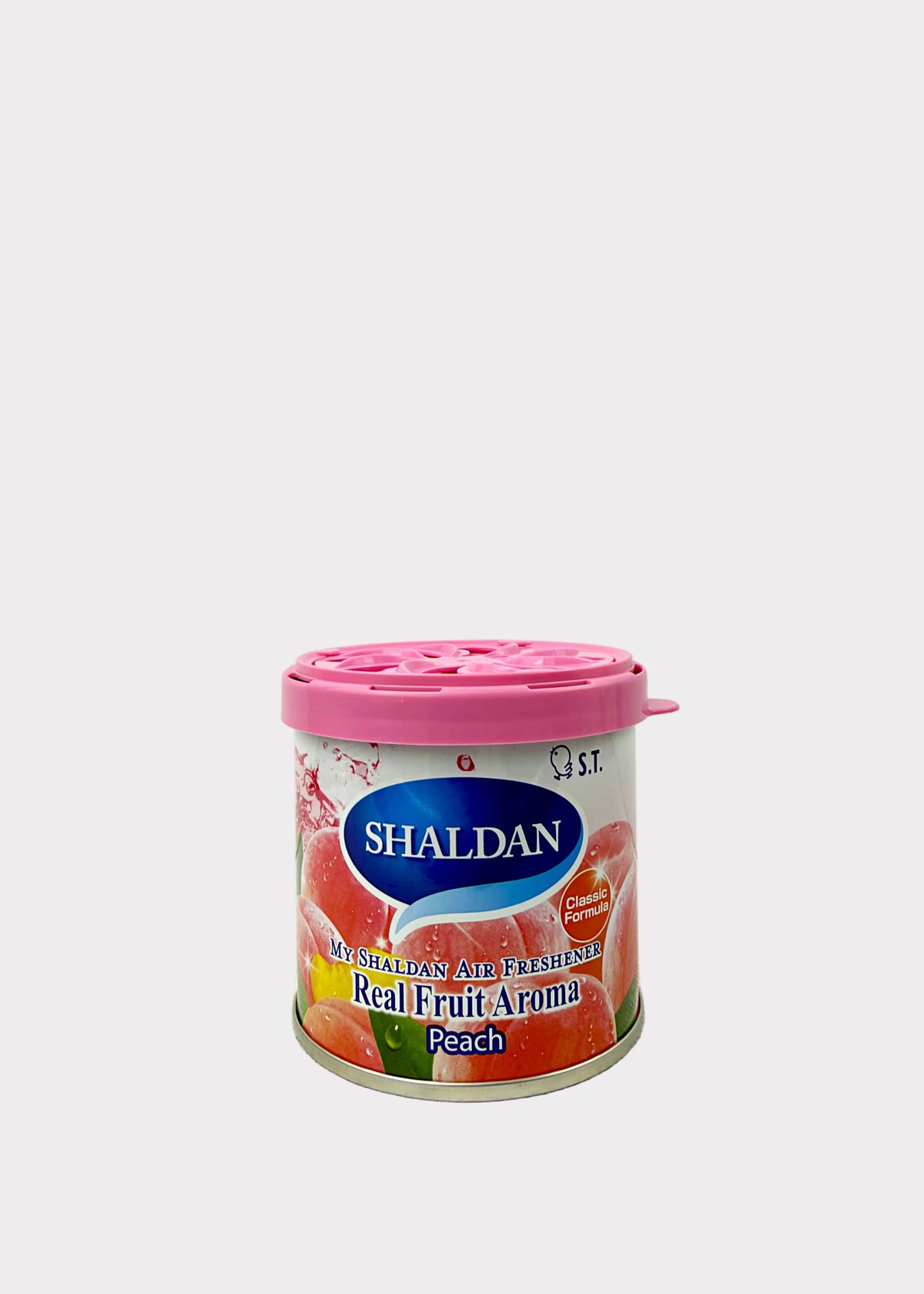 A canister of Shaldan Real Fruit Aroma peach diffuser with a pink lid, set against a plain light gray background.