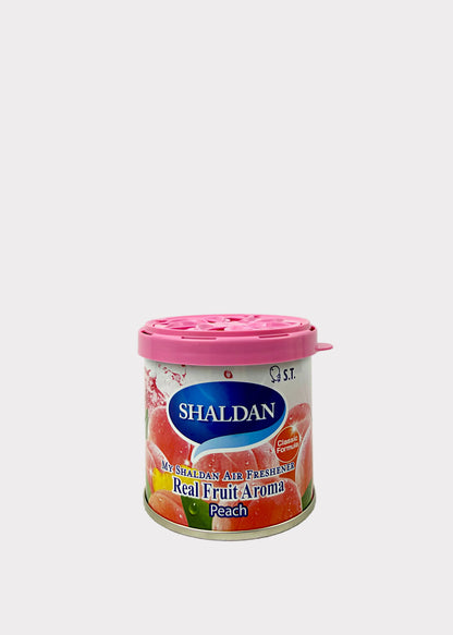 A canister of Shaldan Real Fruit Aroma peach diffuser with a pink lid, set against a plain light gray background.