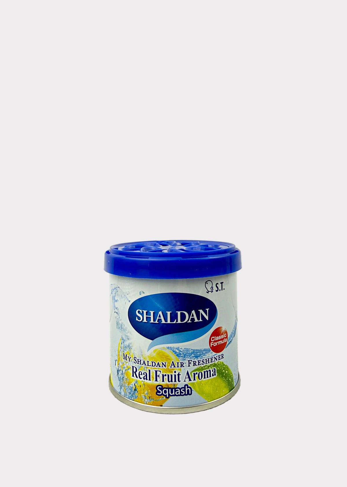 A canister of Shaldan Splash Air Freshener in the Squash scent, featuring a blue lid and a white label with blue and green graphics, set against a plain light gray background.