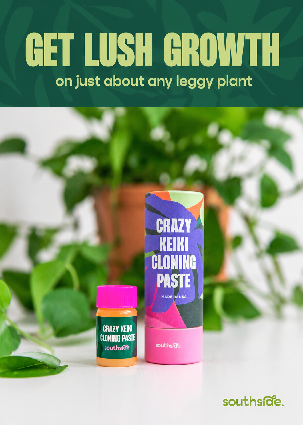 Crazy Keiki Cloning Paste packaging with plants in the background