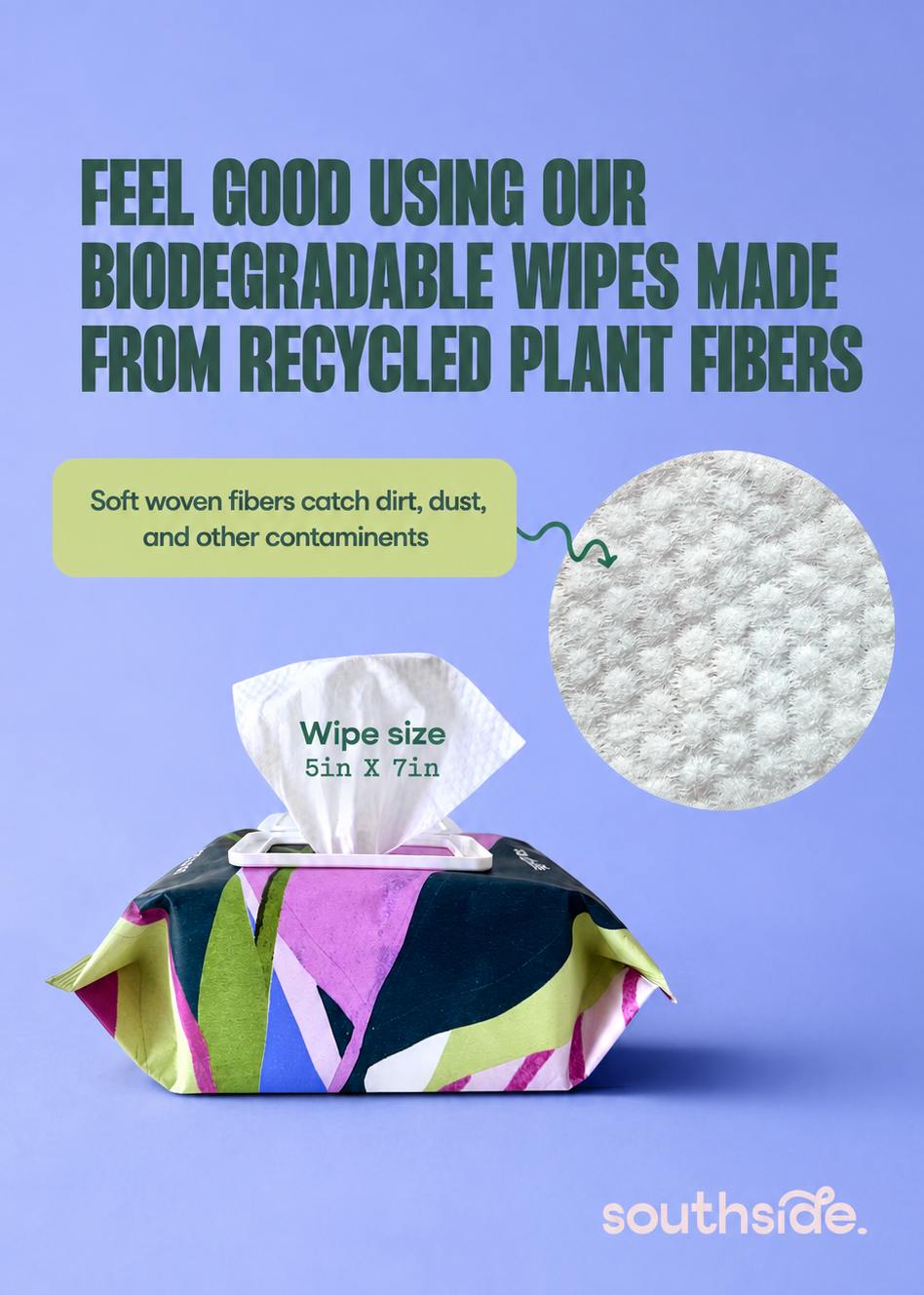 Biodegradable wipes packaging with text on a purple background
