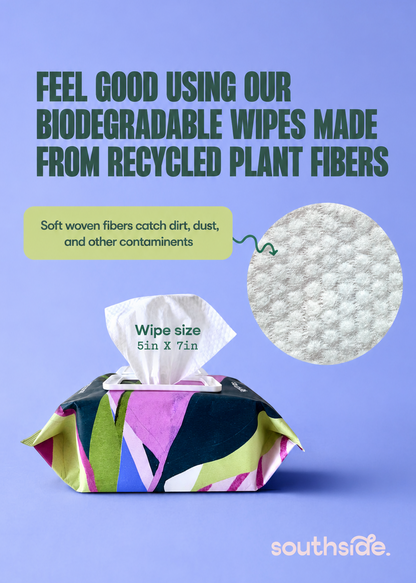 Biodegradable wipes packaging with text on a purple background