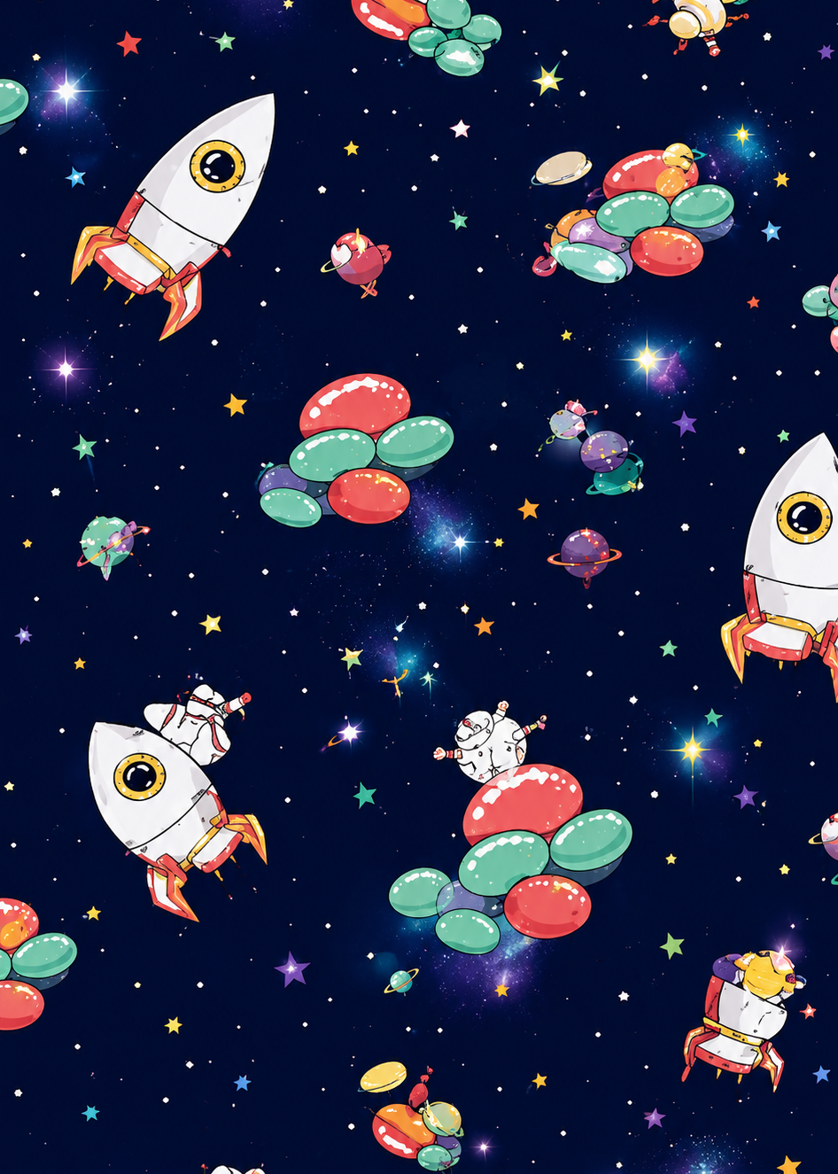 Space-themed pattern with rockets, planets, and astronauts on a dark blue background.