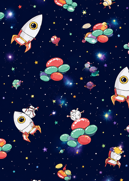 Space-themed pattern with rockets, planets, and astronauts on a dark blue background.