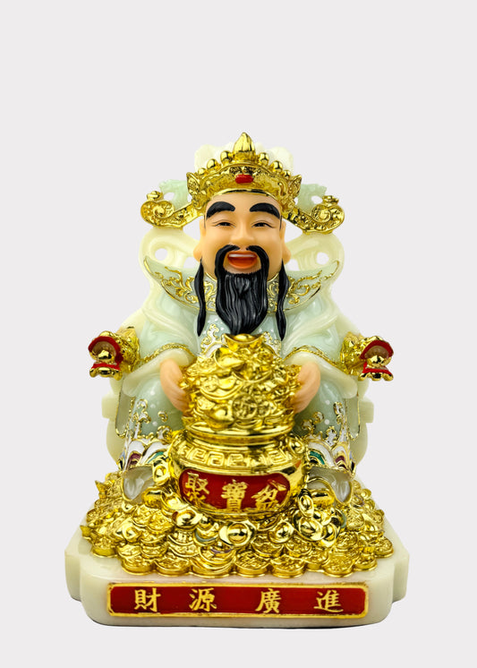 Cai Shen God of Wealth - Seated Statue - Jade-Green/Gold