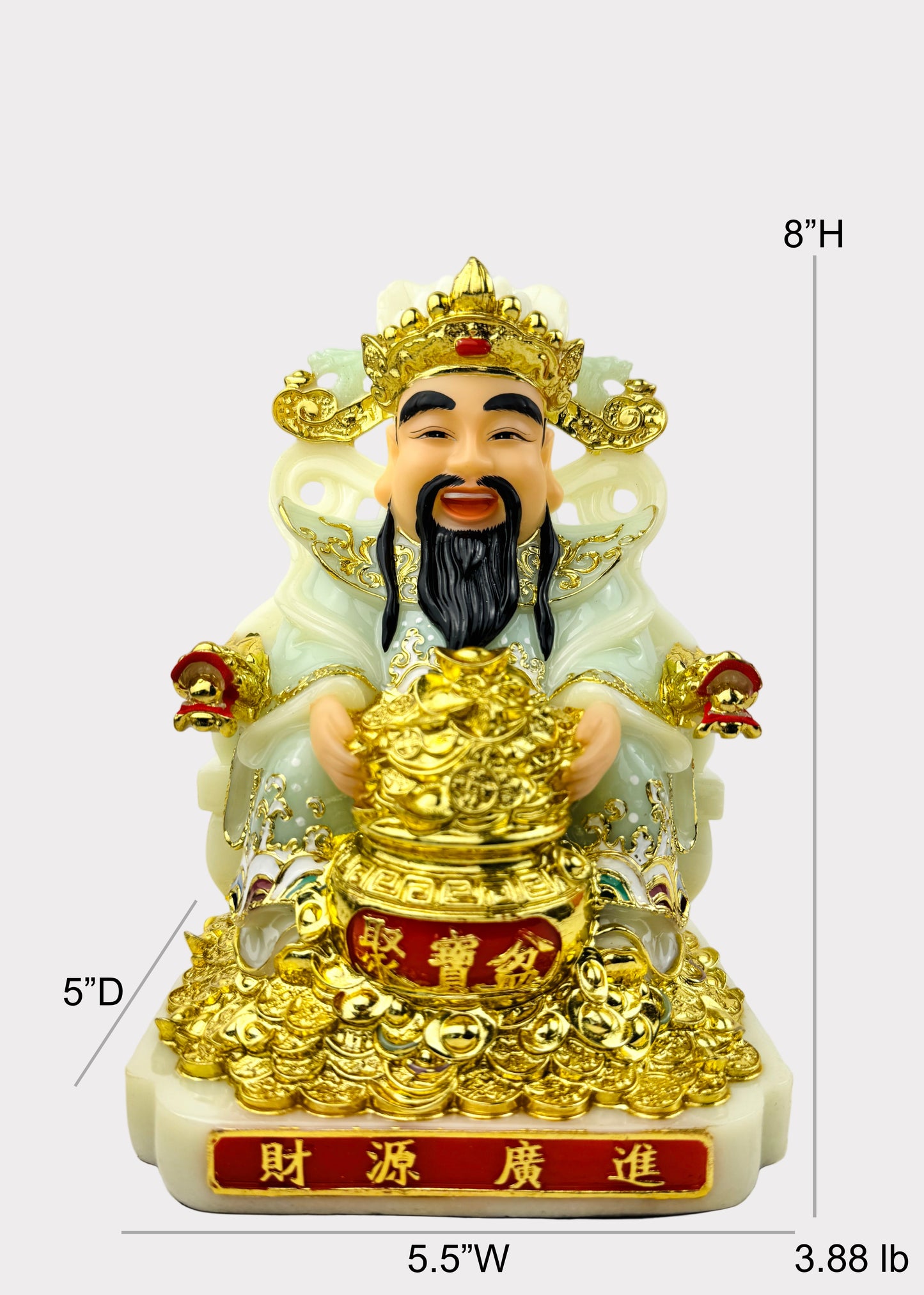 Cai Shen God of Wealth - Seated Statue - Jade-Green/Gold