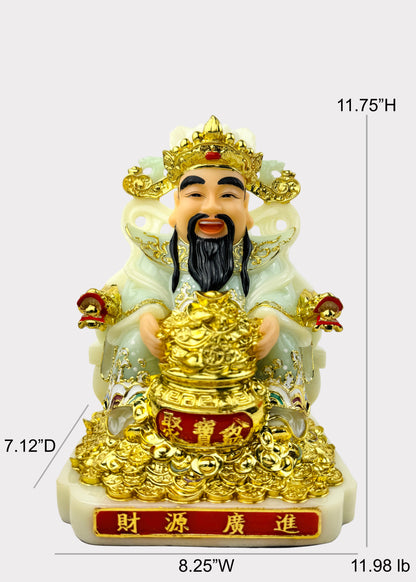 Cai Shen God of Wealth - Seated Statue - Jade-Green/Gold