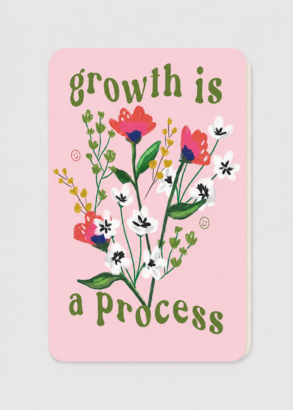 Motivational card with flowers and text 'growth is a process' on a pink background