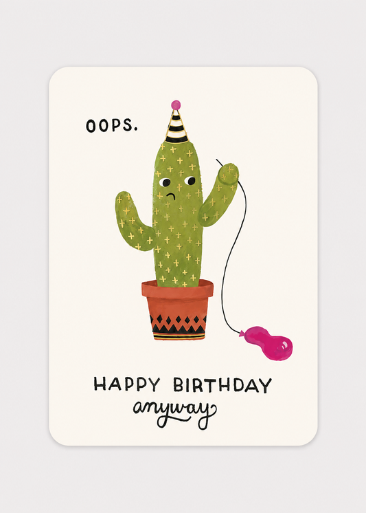 Birthday card with a cactus illustration and humorous text on a light gray background