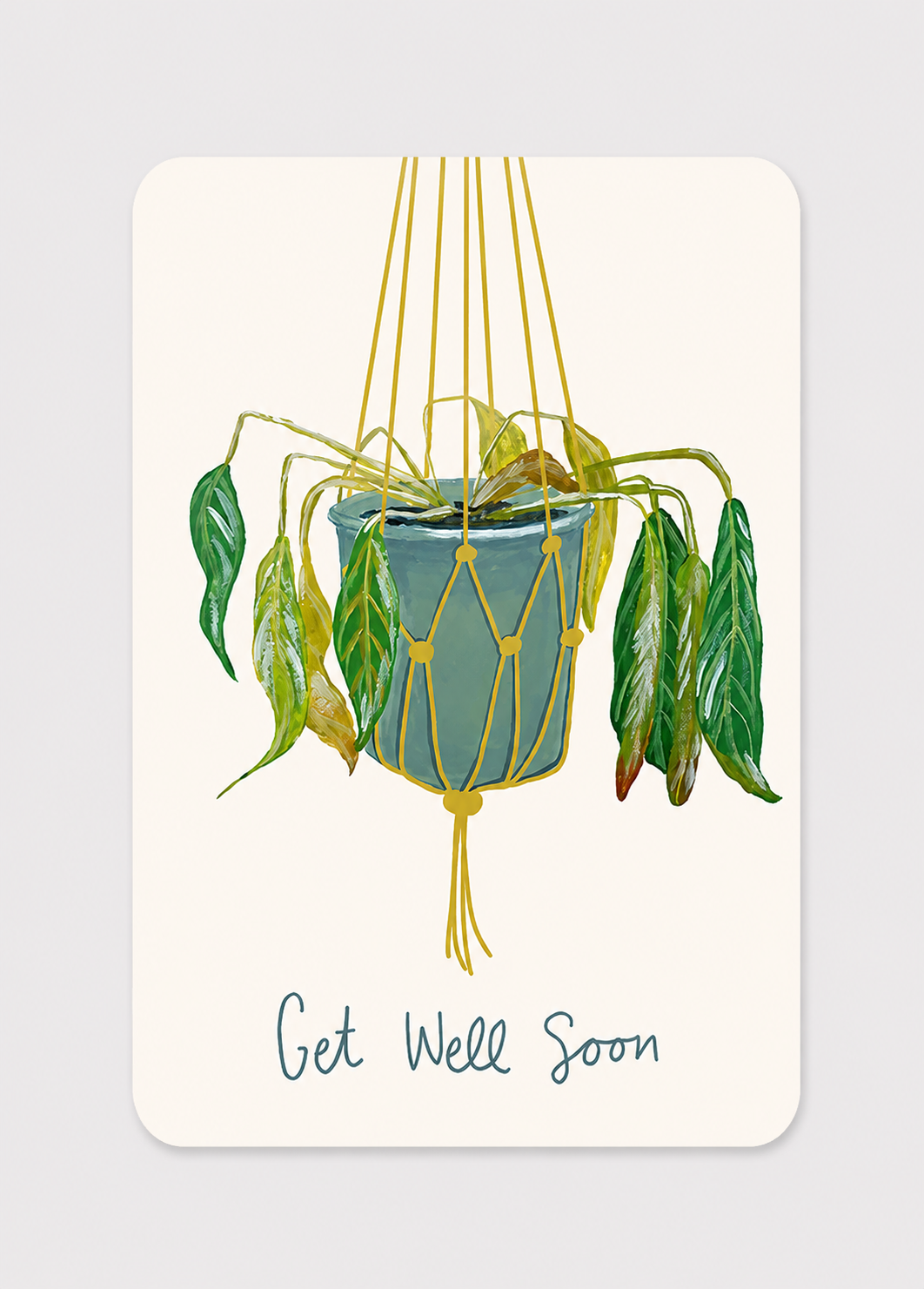 Card with a hanging plant illustration and 'Get Well Soon' text on a light gray background